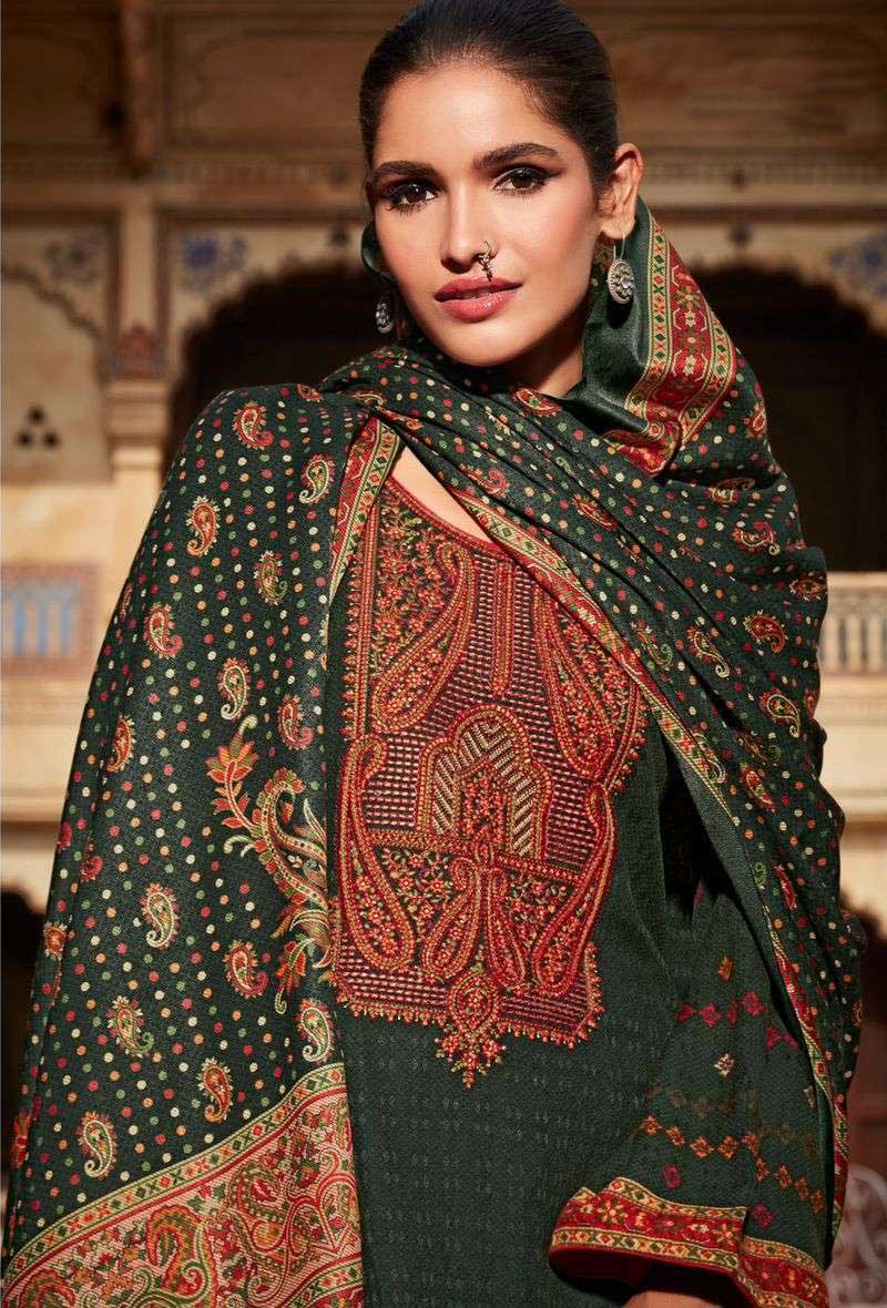 Pashmina Unstitched Dark Olive Green Winter Suits With Embroidery - Stilento