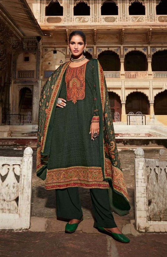 Pashmina Unstitched Dark Olive Green Winter Suits With Embroidery - Stilento