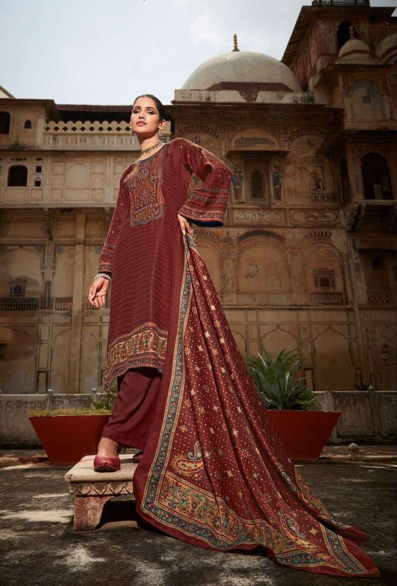 Pashmina Unstitched Rust Red Winter Wear Suits With Embroidery - Stilento
