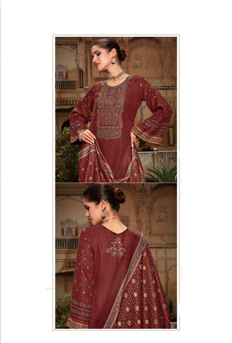 Pashmina Unstitched Rust Red Winter Wear Suits With Embroidery - Stilento