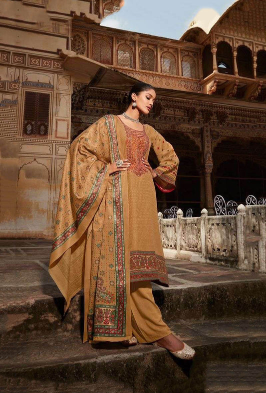 Pashmina Unstitched Brown Winter Suits With Embroidery - Stilento