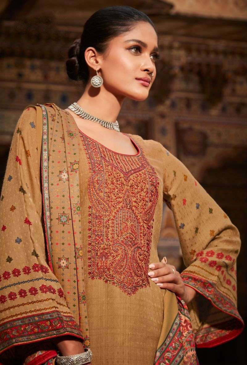 Pashmina Unstitched Brown Winter Suits With Embroidery - Stilento