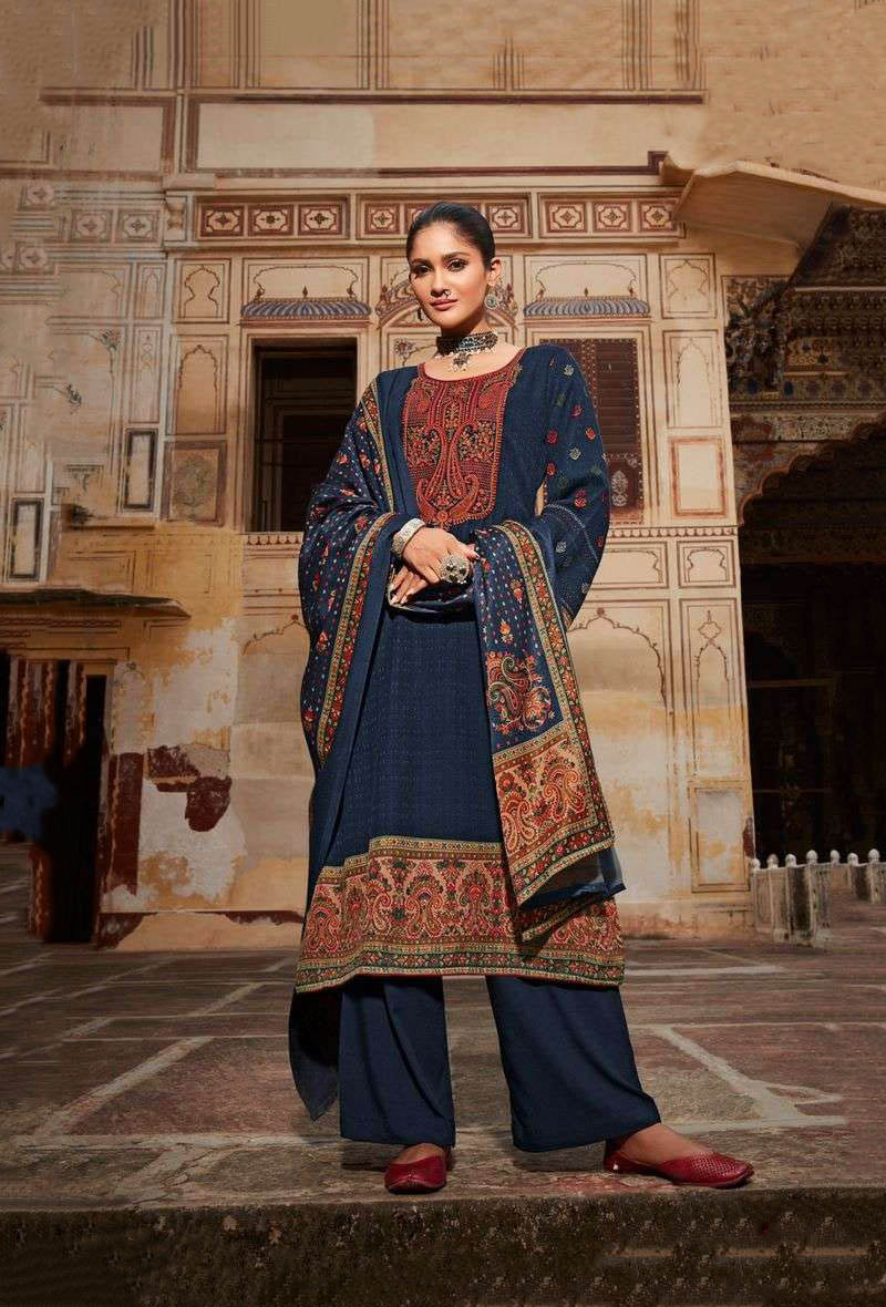 Pashmina Unstitched Dark Blue Winter Suits With Embroidery - Stilento