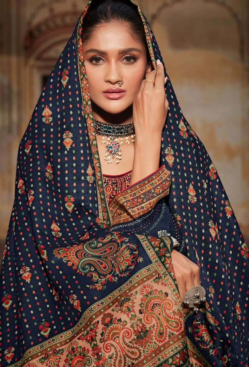 Pashmina Unstitched Dark Blue Winter Suits With Embroidery - Stilento