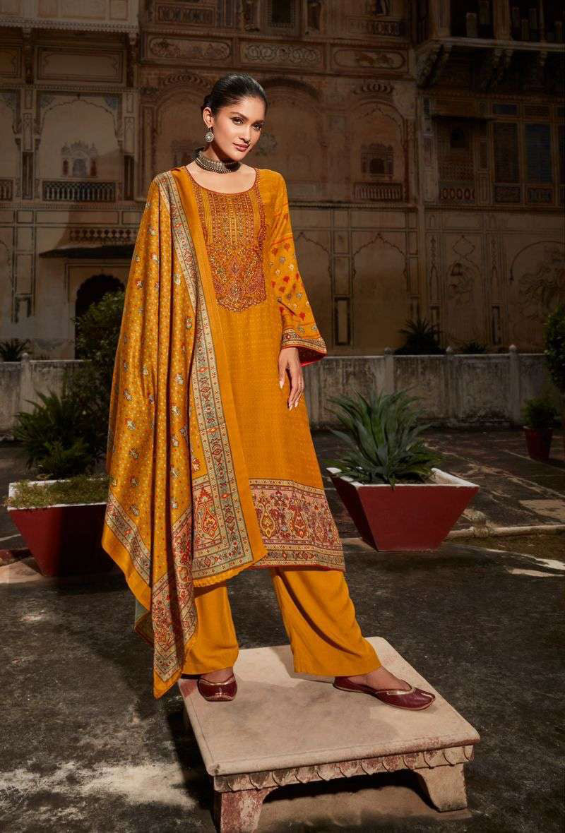 Pashmina Unstitched Mustard Winter Wear Suits With Embroidery - Stilento
