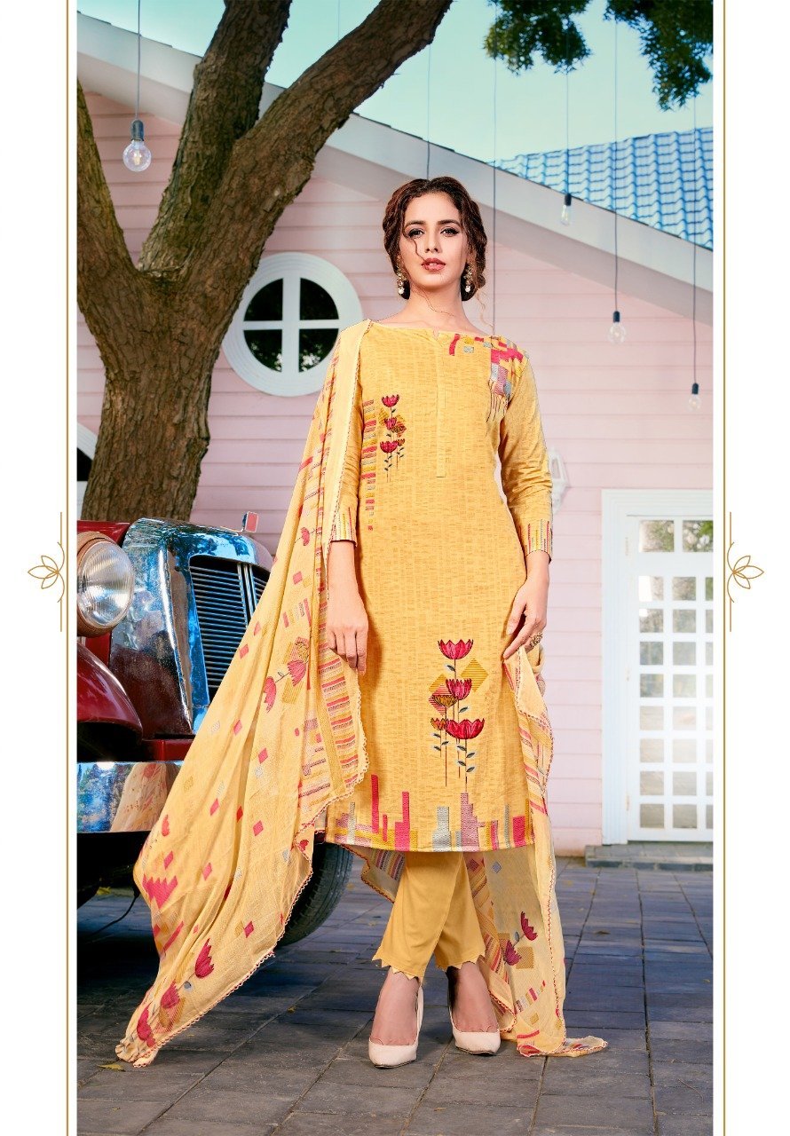 Yashika Cotton Yellow Karachi Dress Material For Women - Stilento