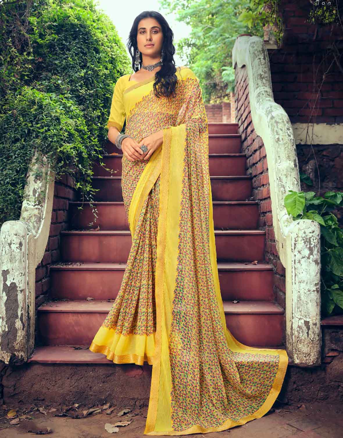 Yellow Chiffon Printed Fancy Lace Border Saree for Women - Stilento
