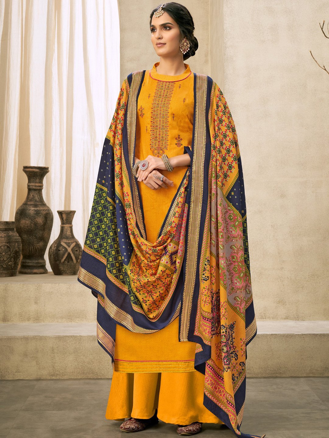 Yellow Cotton Embroidered Un-Stitched Palazzo Suit Set - Stilento
