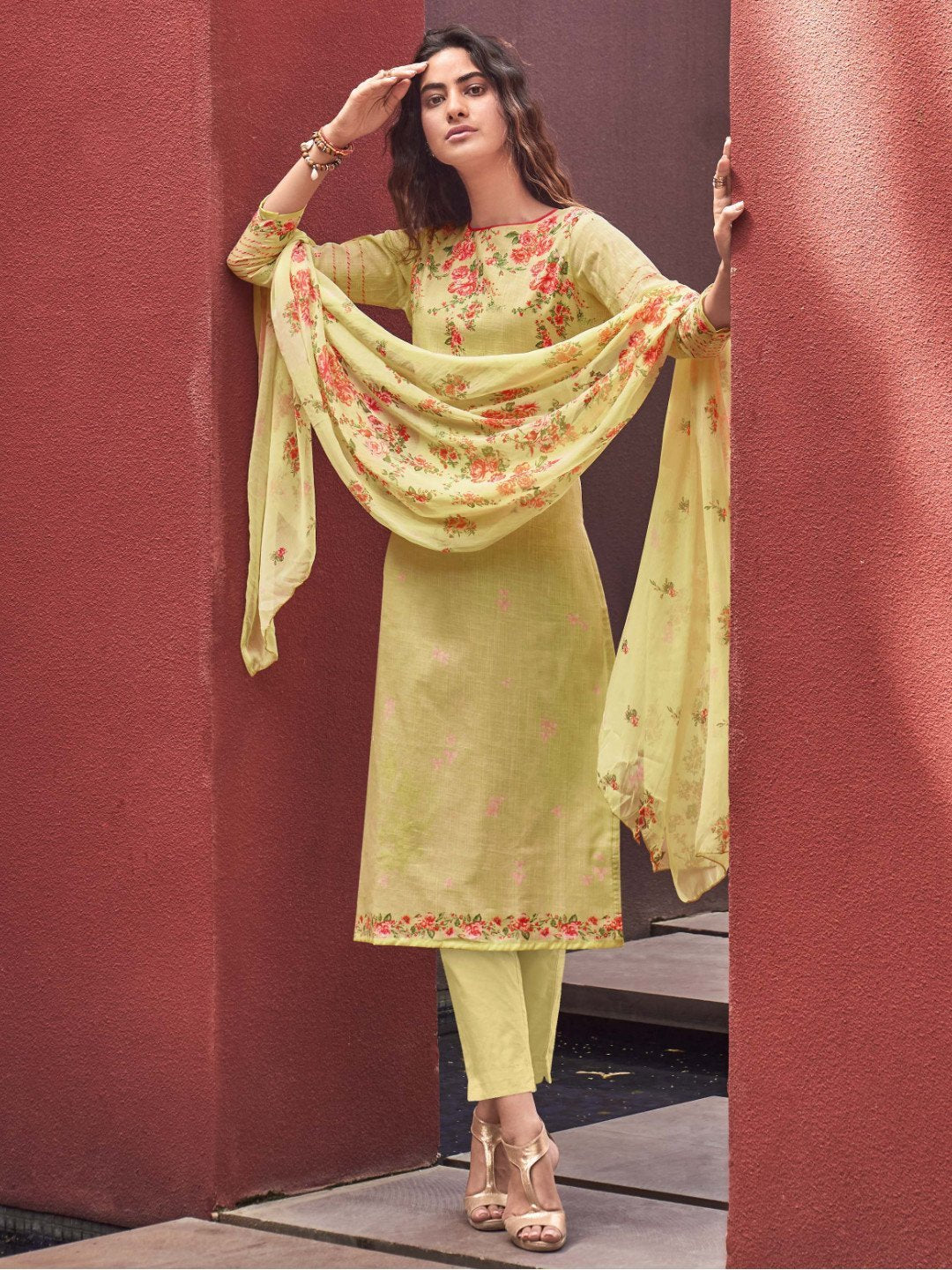 Yellow Cotton Linen Printed Unstitched Suit Material for Ladies - Stilento