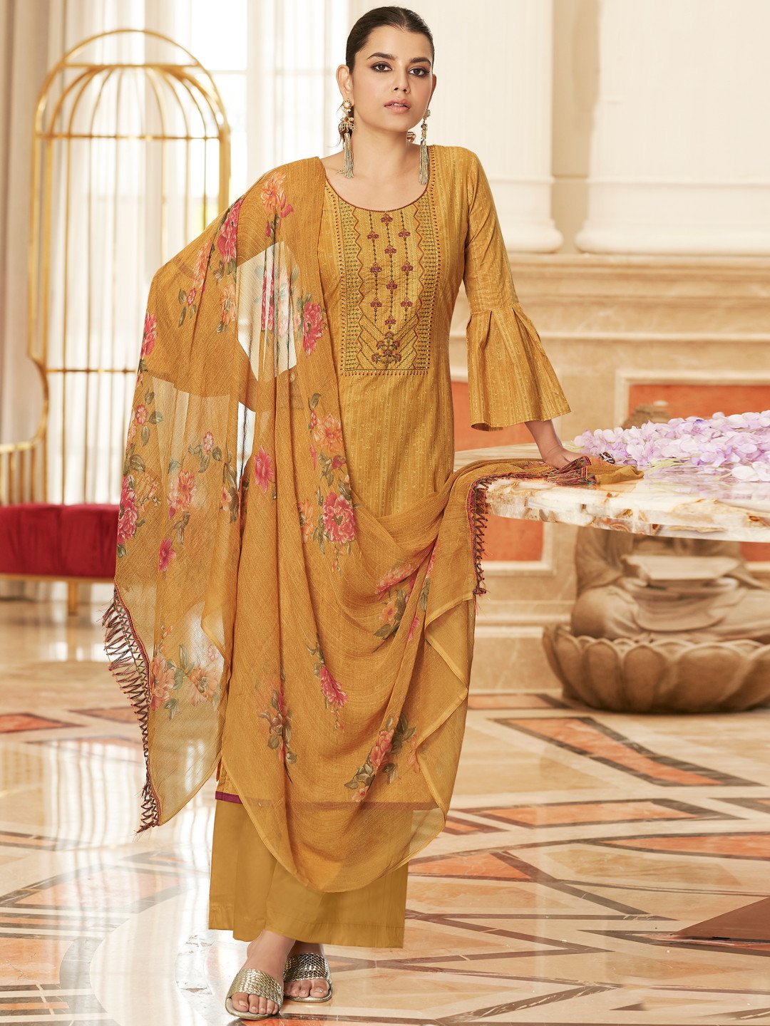 Yellow Cotton Printed Unstitched Suit with Dupatta - Stilento