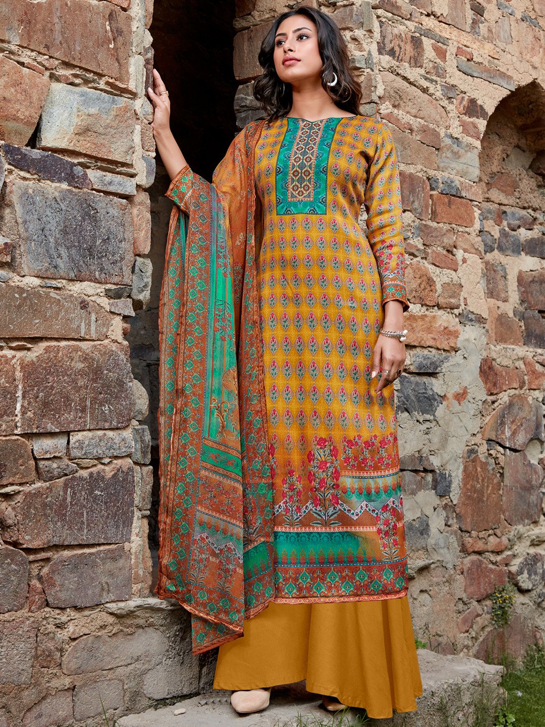 Women's Yellow Unstitched Cotton Suit Material with Chiffon Dupatta