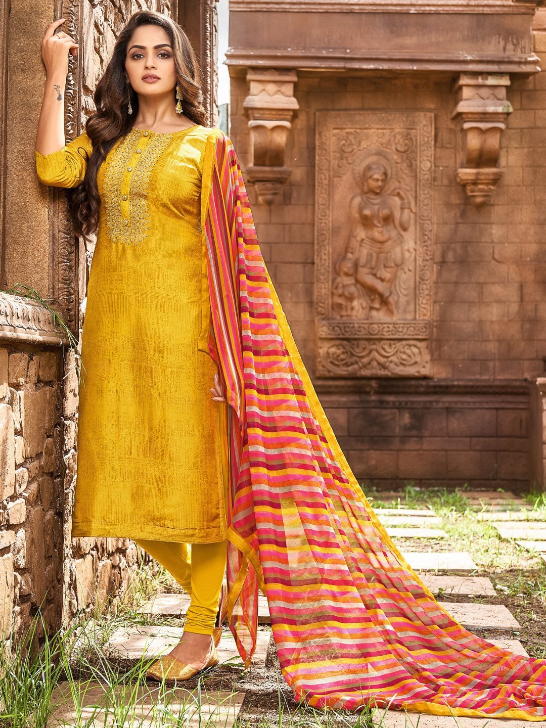 Yellow Embroidered Unstitched Cotton Suit With Dupatta - Stilento