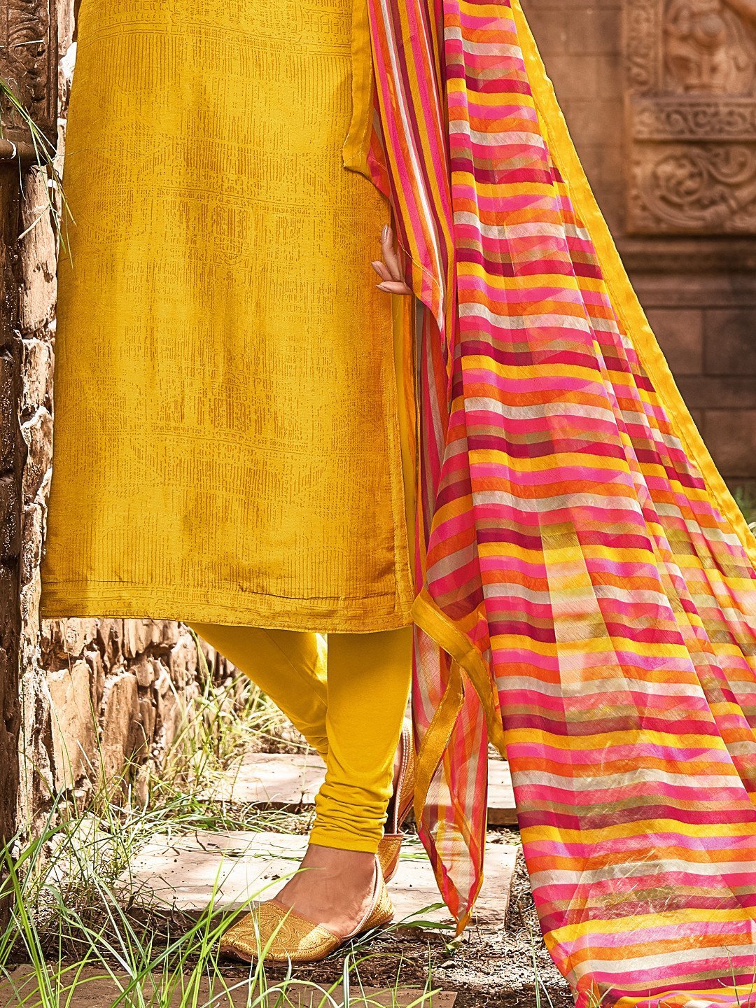 Yellow Embroidered Unstitched Cotton Suit With Dupatta - Stilento
