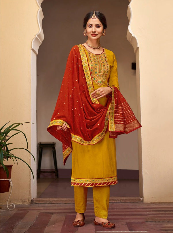 Yellow Pant Style Silk Zari Ladies suit Material With Embroidery Work - Stilento