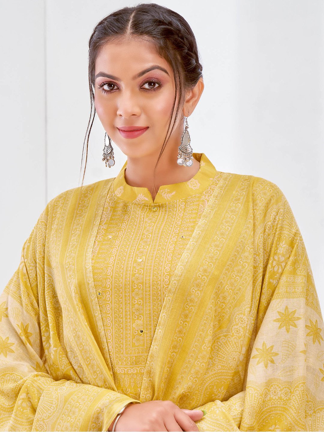 Yellow Printed Cotton Unstitched Suit Material - Stilento