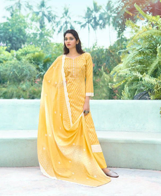 Yellow Pure Cotton Printed Unstitched Suit Set