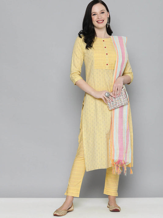 Yellow Pure Handloom Cotton Unstitched Dress Material - Stilento