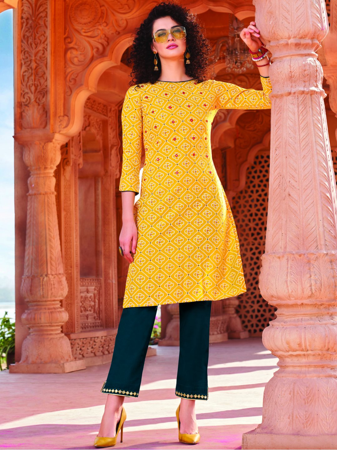 Yellow Rayon Cotton Kurta with Pants