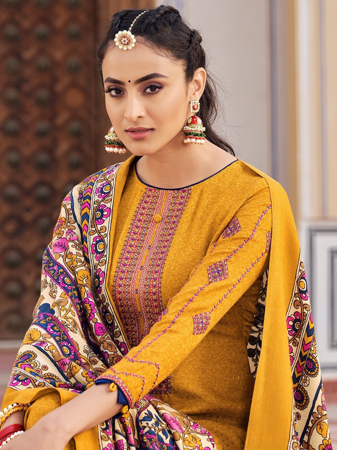 Yellow Un-Stitched Faux Pashmina Suit with Dupatta - Stilento