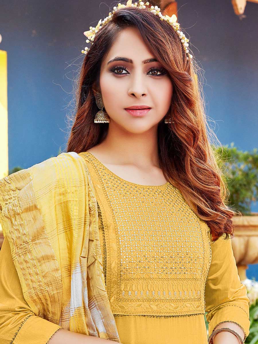 Yellow Viscose Stitched Readymade Suit with Dupatta