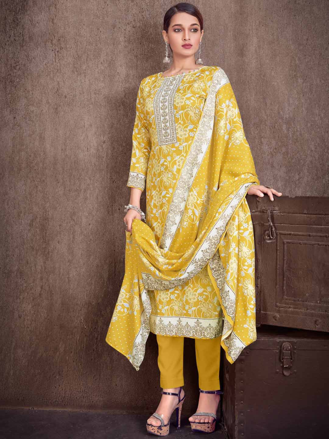 Yellow Wool Pashmina Printed Unstitched Suit Set - Stilento