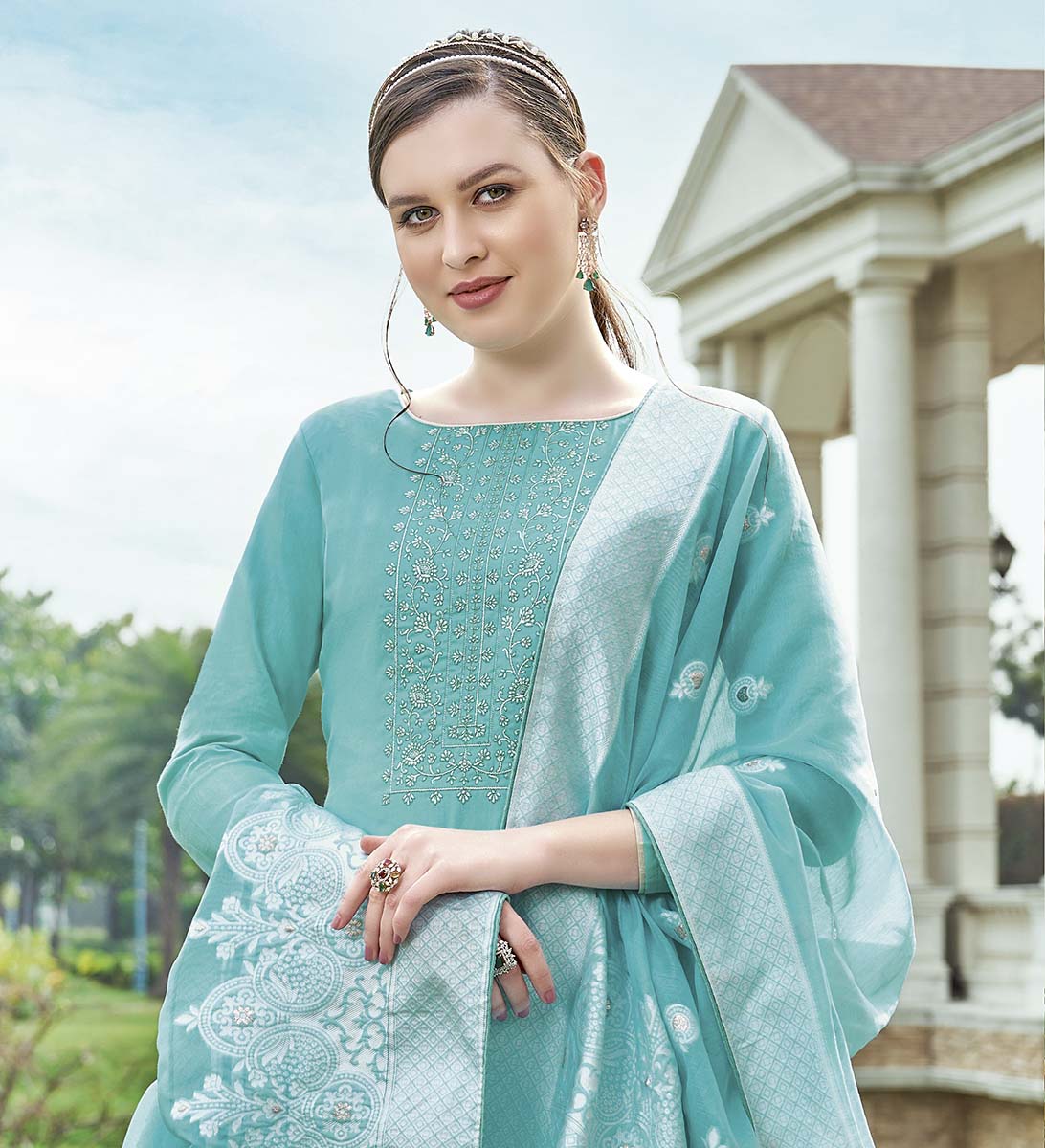 Zam Cotton Blue Unstitched Suit Material with Lucknowi Work - Stilento