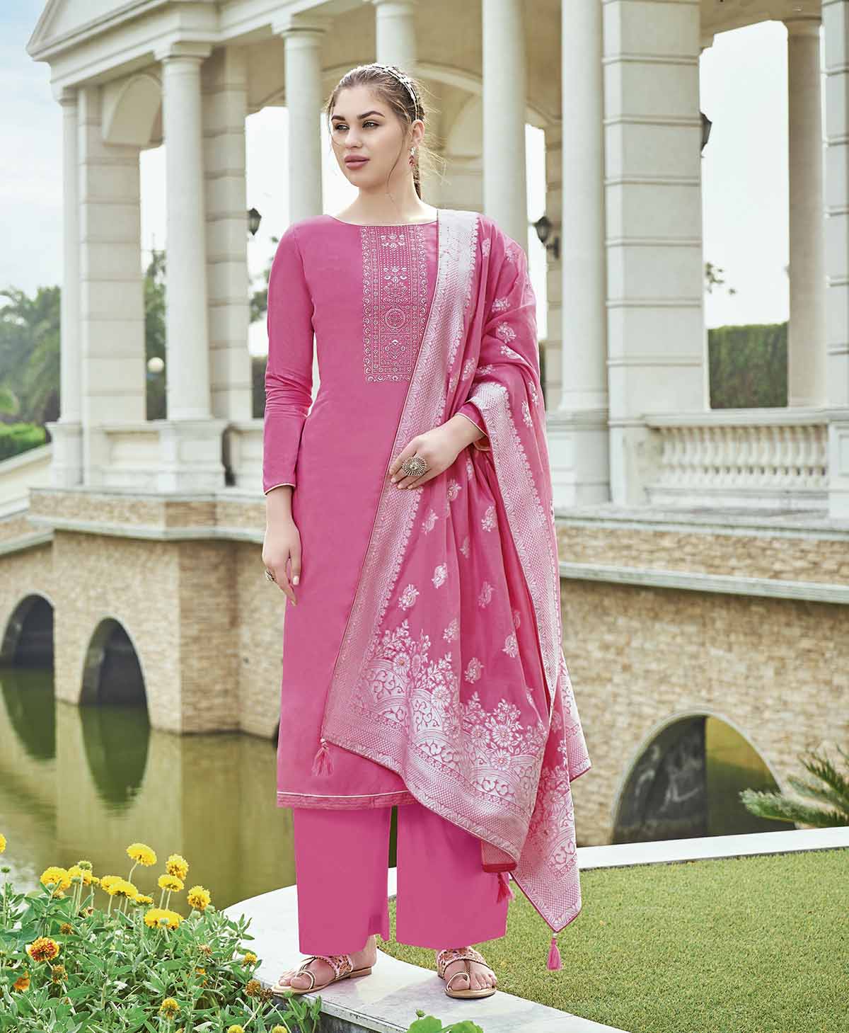 Zam Cotton Pink Unstitched Suit Material with Lucknowi Work - Stilento