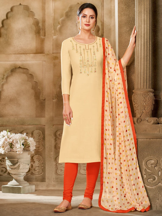 Zari Work Beige Cotton Un-Stitched Suit with Chiffon Dupatta - Stilento