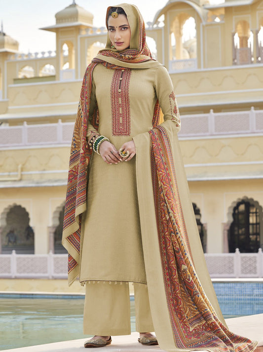 Zari Work Beige Embroidered Un-Stitched Suit Material - Stilento