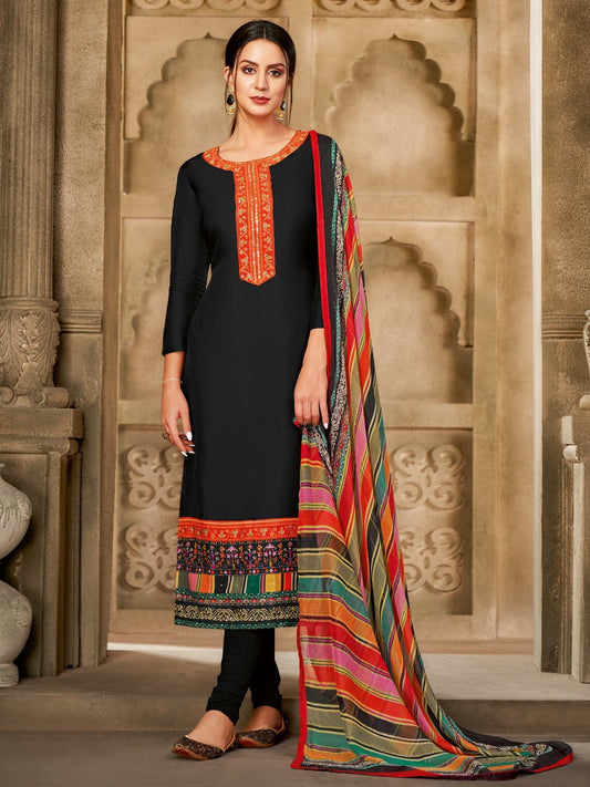 Zari Work Black Cotton Un-Stitched Suit with Printed Dupatta - Stilento