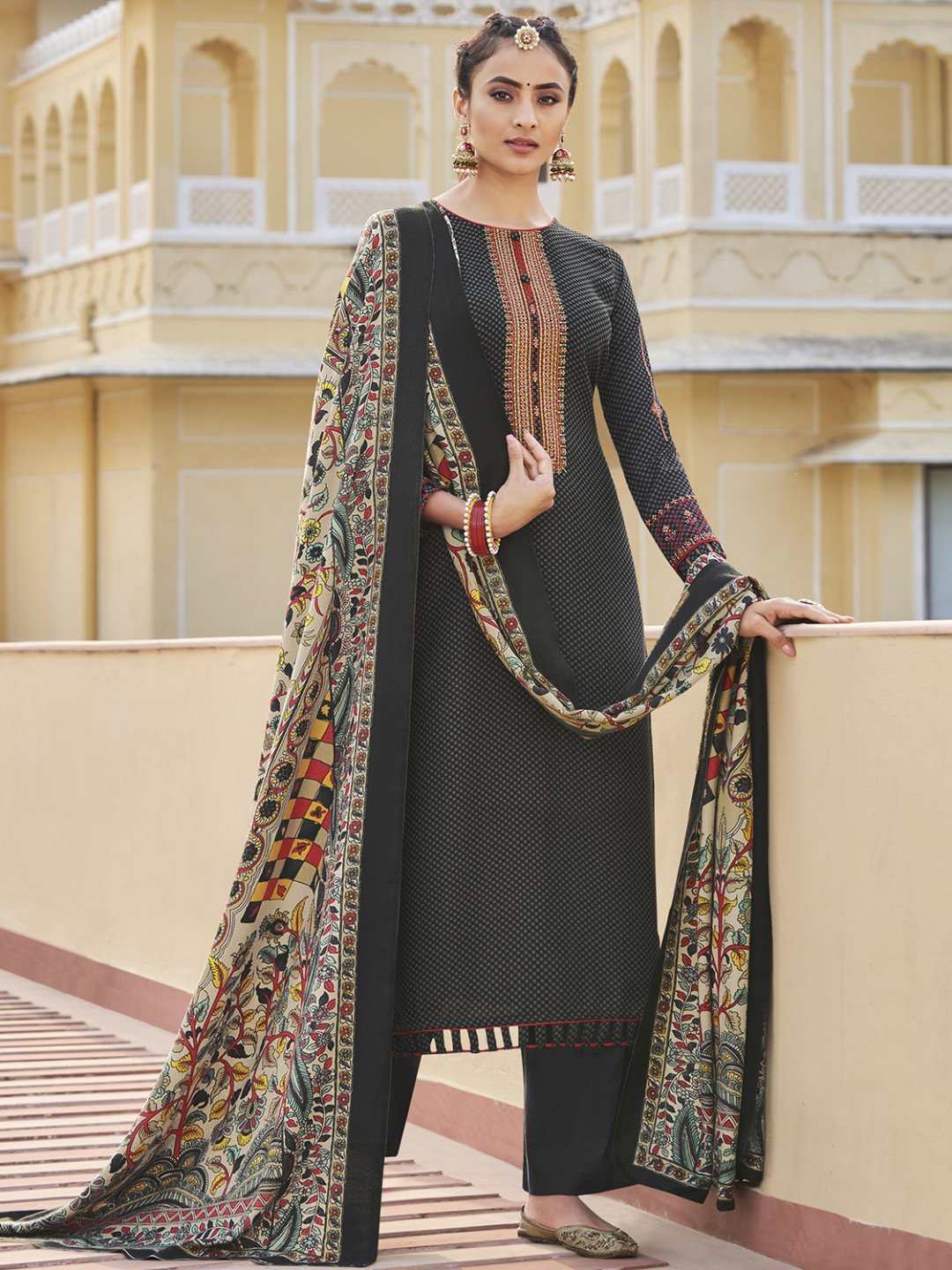 Zari Work Black Pashmina Embroidered Un-Stitched Suit Set - Stilento