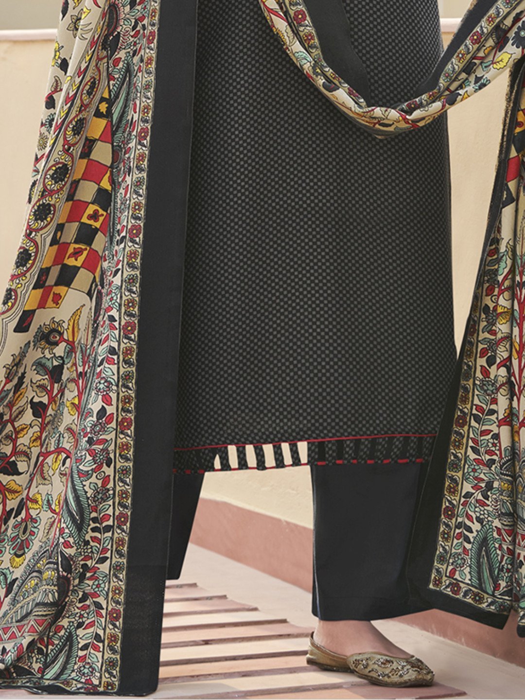 Zari Work Black Pashmina Embroidered Un-Stitched Suit Set - Stilento
