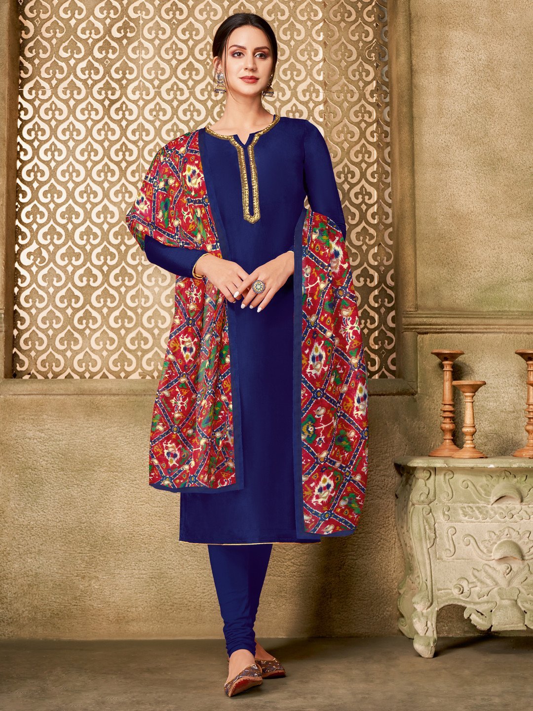 Zari Work Blue Chanderi Cotton Unstitched Suit Material with Dupatta