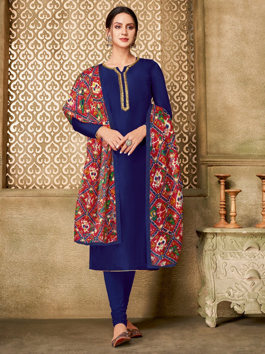 Zari Work Blue Cotton Un-Stitched Suit with Chiffon Dupatta - Stilento