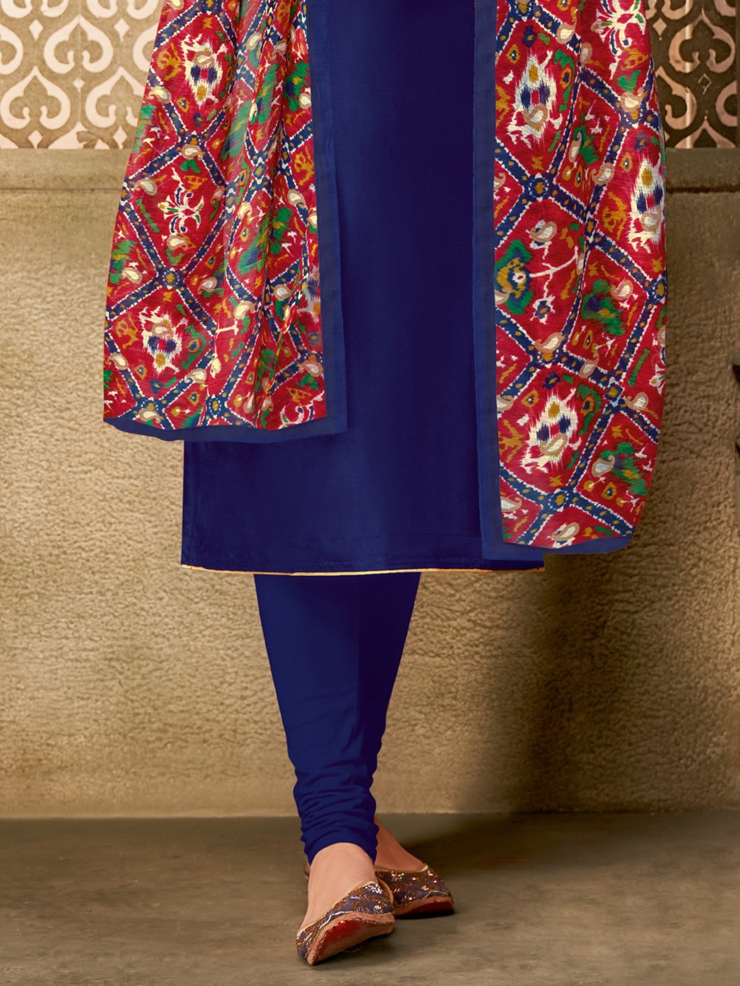 Zari Work Blue Chanderi Cotton Unstitched Suit Material with Dupatta