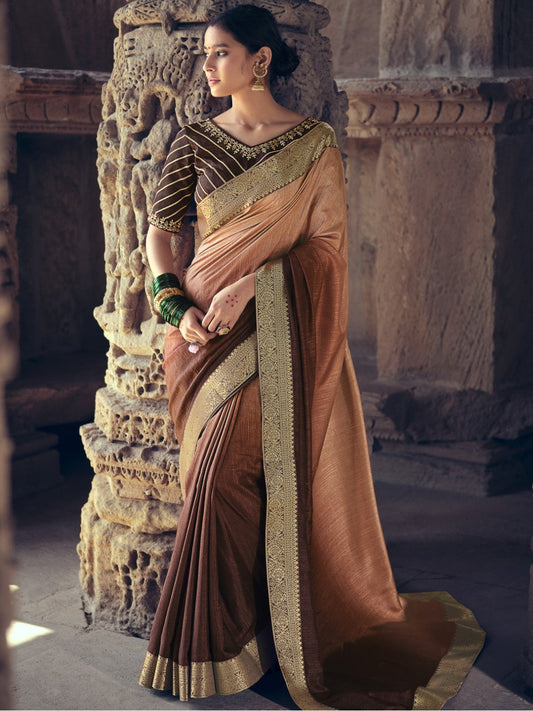 Zari Work Faux Silk Brown Designer Women Saree - Stilento