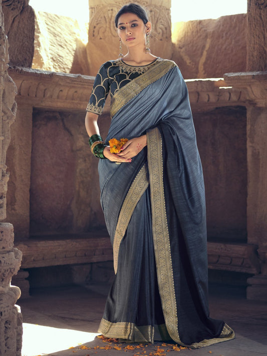 Zari Work Faux Silk Dark Grey Designer Women Saree - Stilento