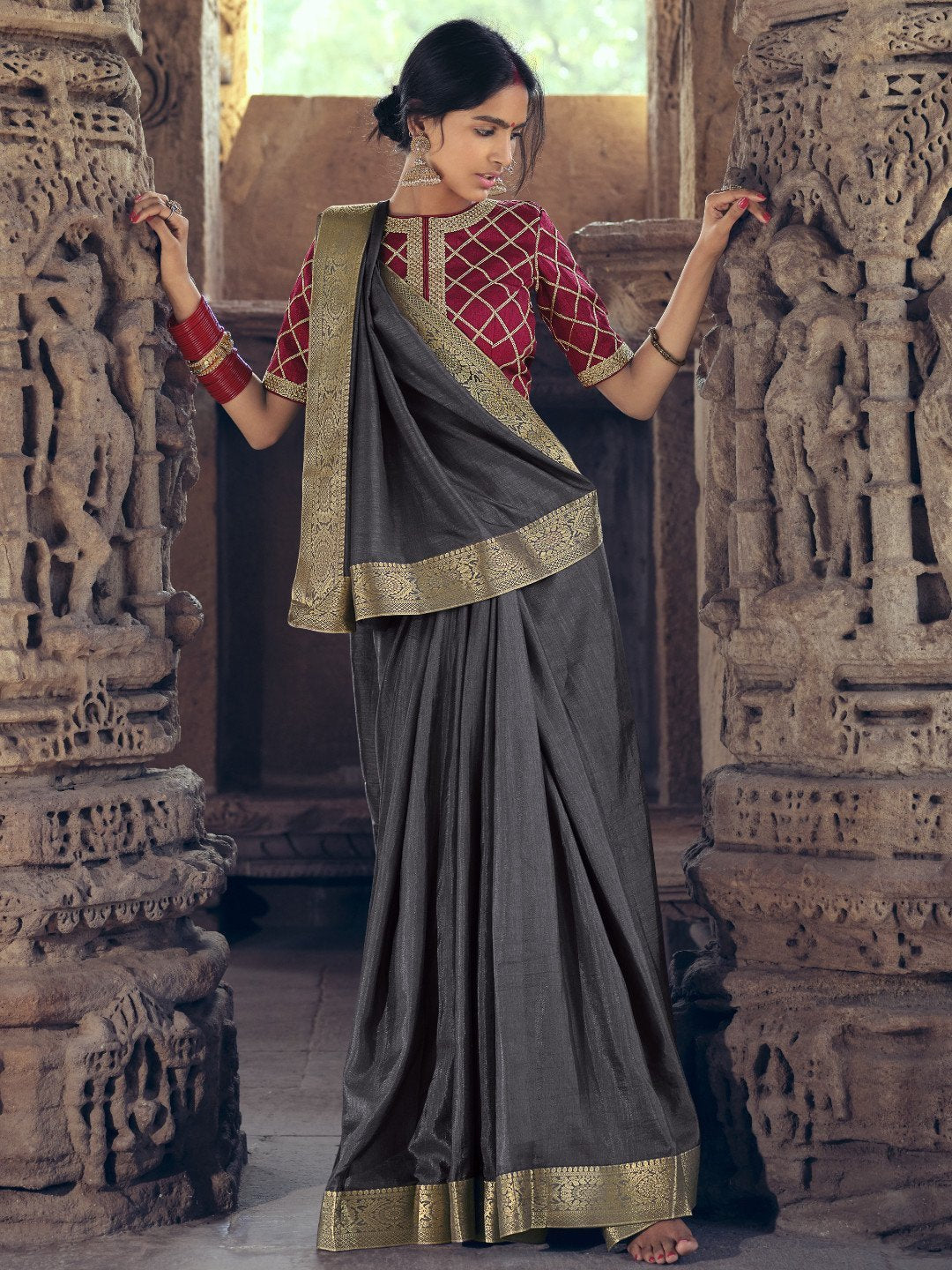 Zari Work Faux Silk Grey Dark Designer Women Saree