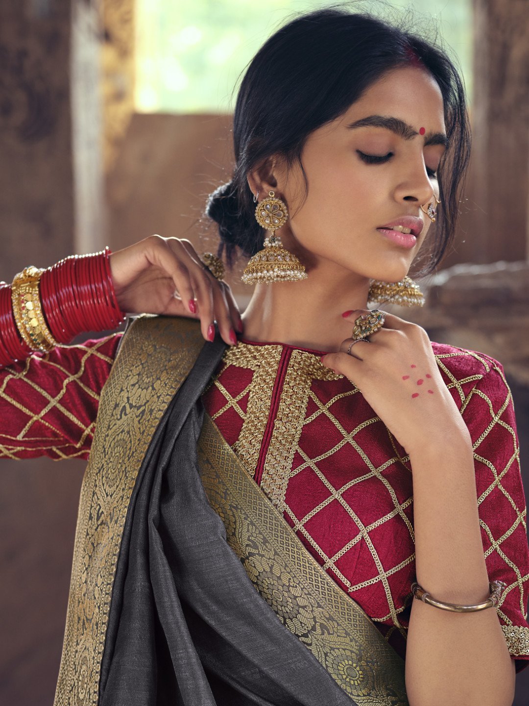 Zari Work Faux Silk Grey Dark Designer Women Saree