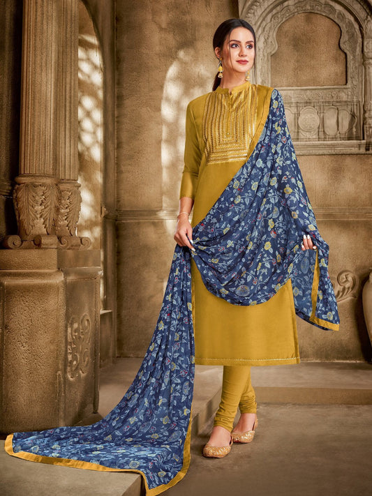 Zari Work Green Chanderi Cotton Un-Stitched Suit with Dupatta - Stilento