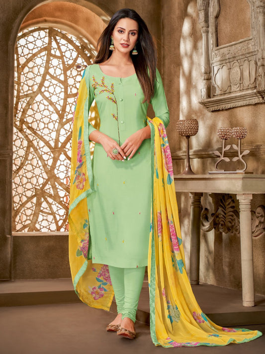 Zari Work Green Cotton Un-Stitched Suit with Printed Dupatta - Stilento