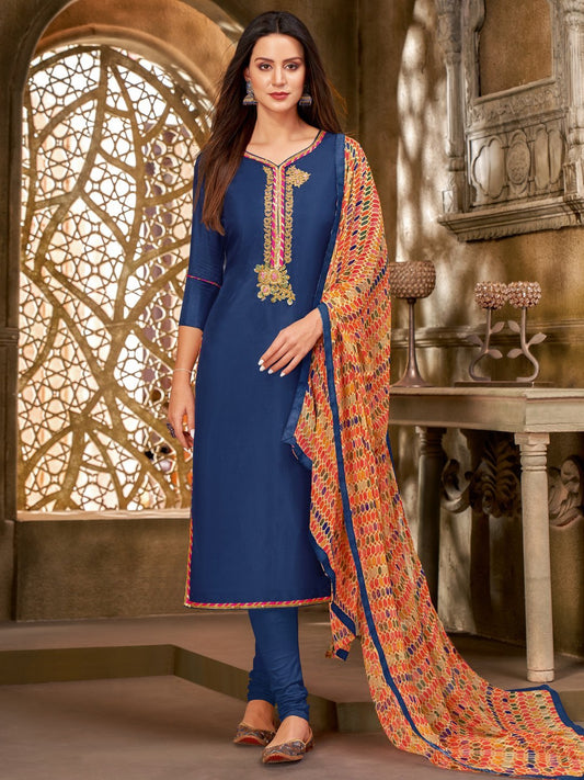 Zari Work Navy Blue Cotton Un-Stitched Suit with Printed Dupatta - Stilento