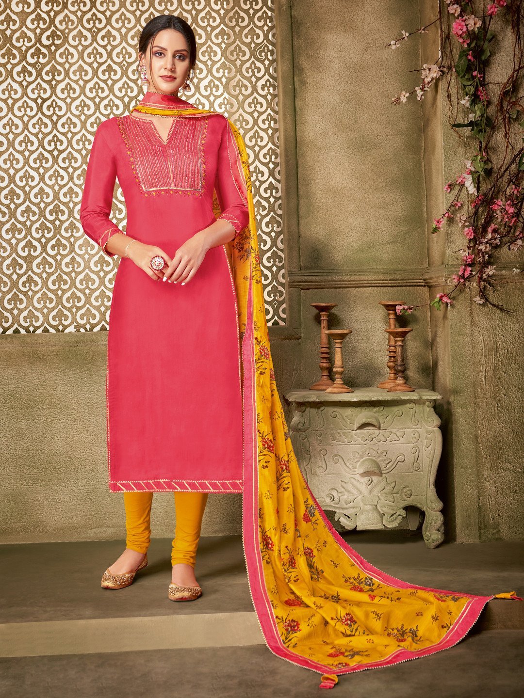 Zari Work Pink Chanderi Cotton Unstitched Suit Material with Dupatta