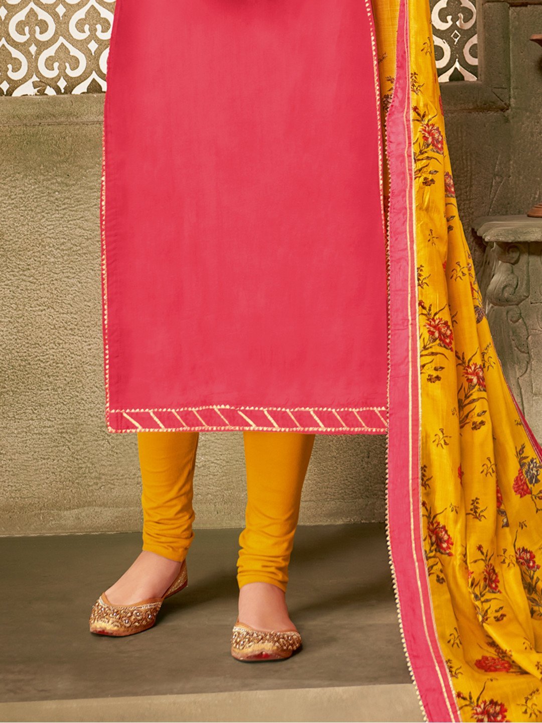 Zari Work Pink Chanderi Cotton Unstitched Suit Material with Dupatta