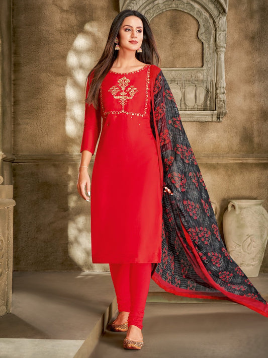 Zari Work Red Cotton Un-Stitched Suit Material - Stilento