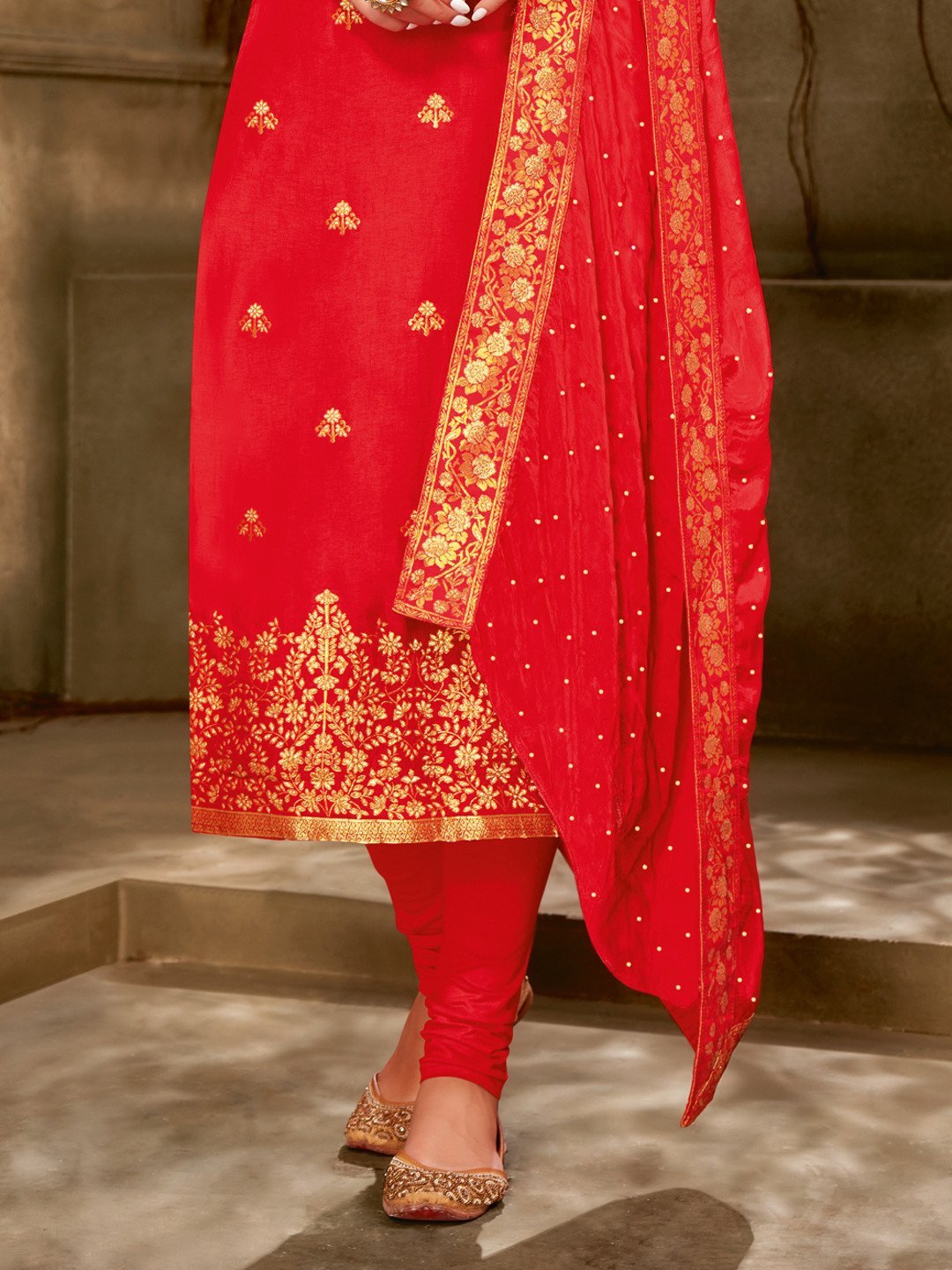 Zari Work Red Cotton Un-Stitched Suit with Printed Dupatta - Stilento