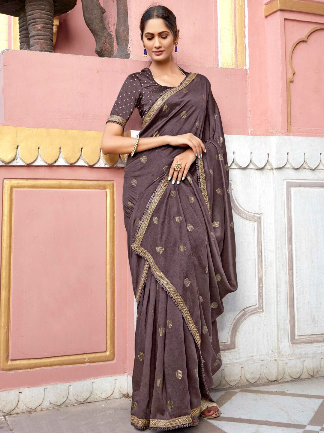 Zari Work With Embroidery Lace Brown Cotton Silk Saree - Stilento