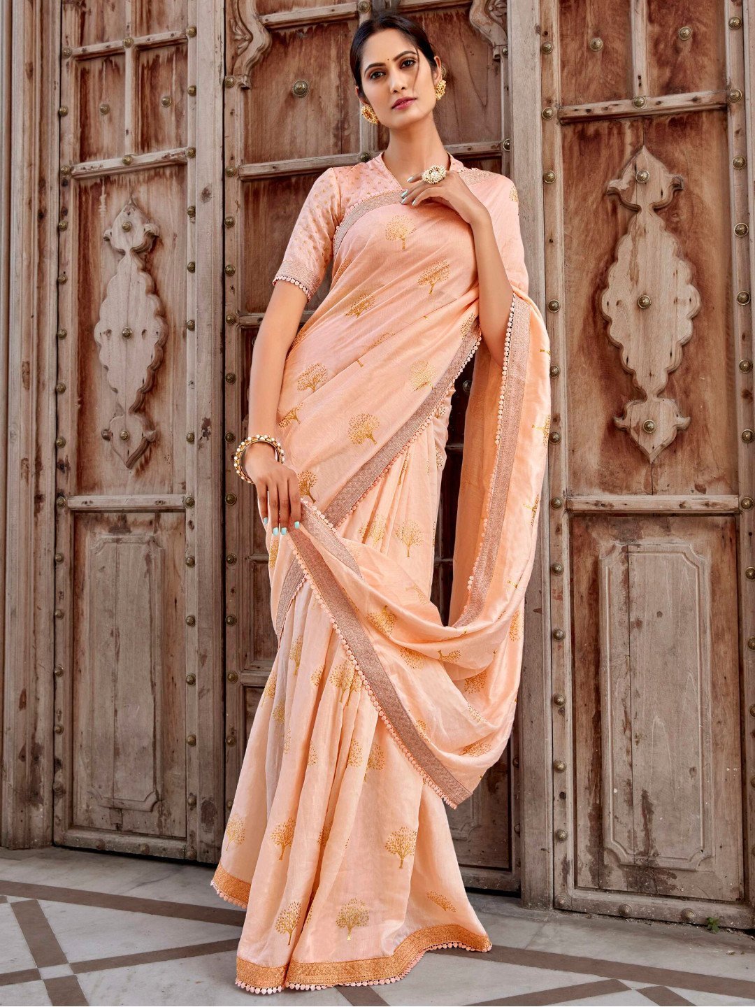 Zari Work With Embroidery Lace Cotton Silk Saree