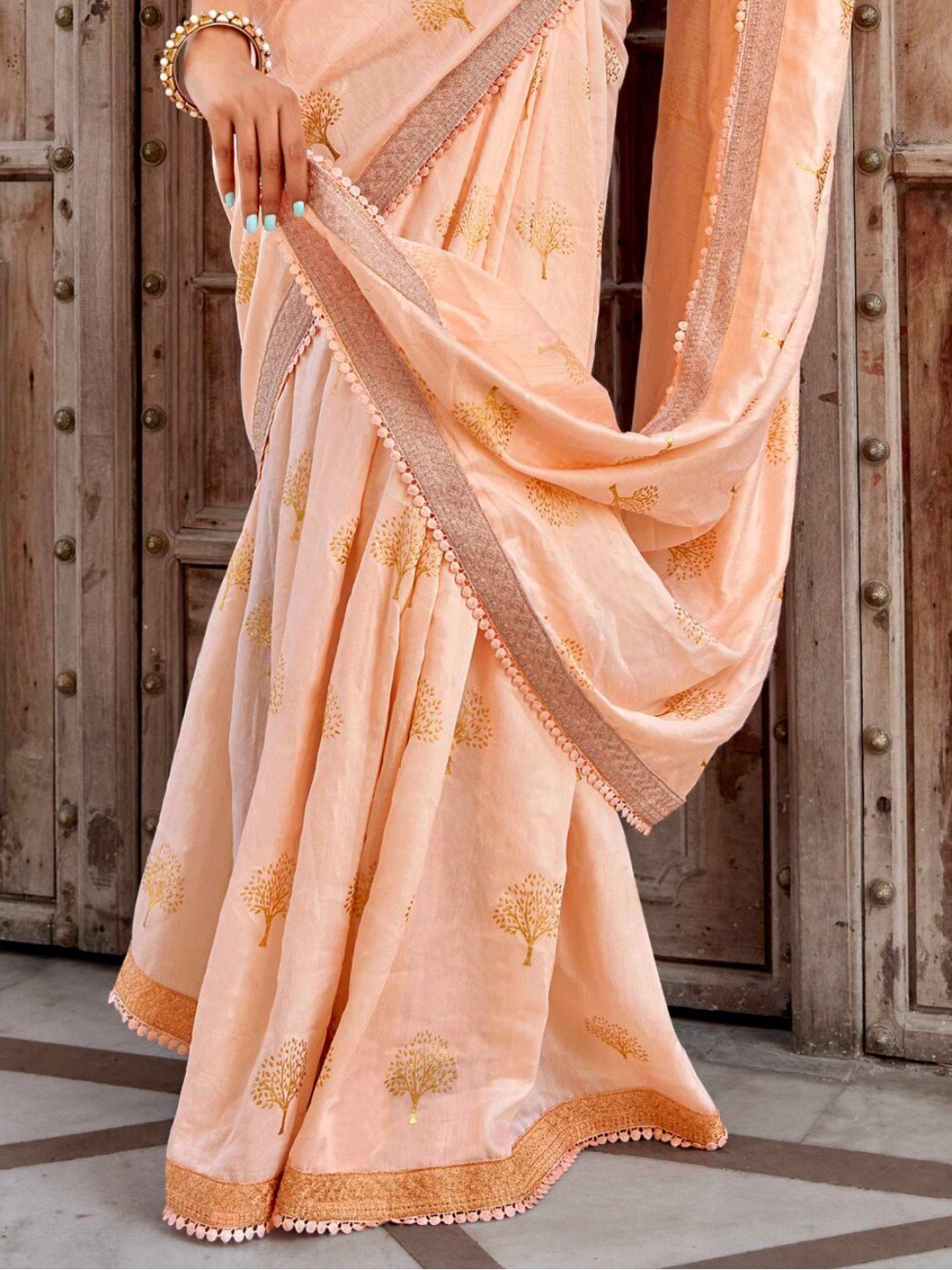 Zari Work With Embroidery Lace Cotton Silk Saree