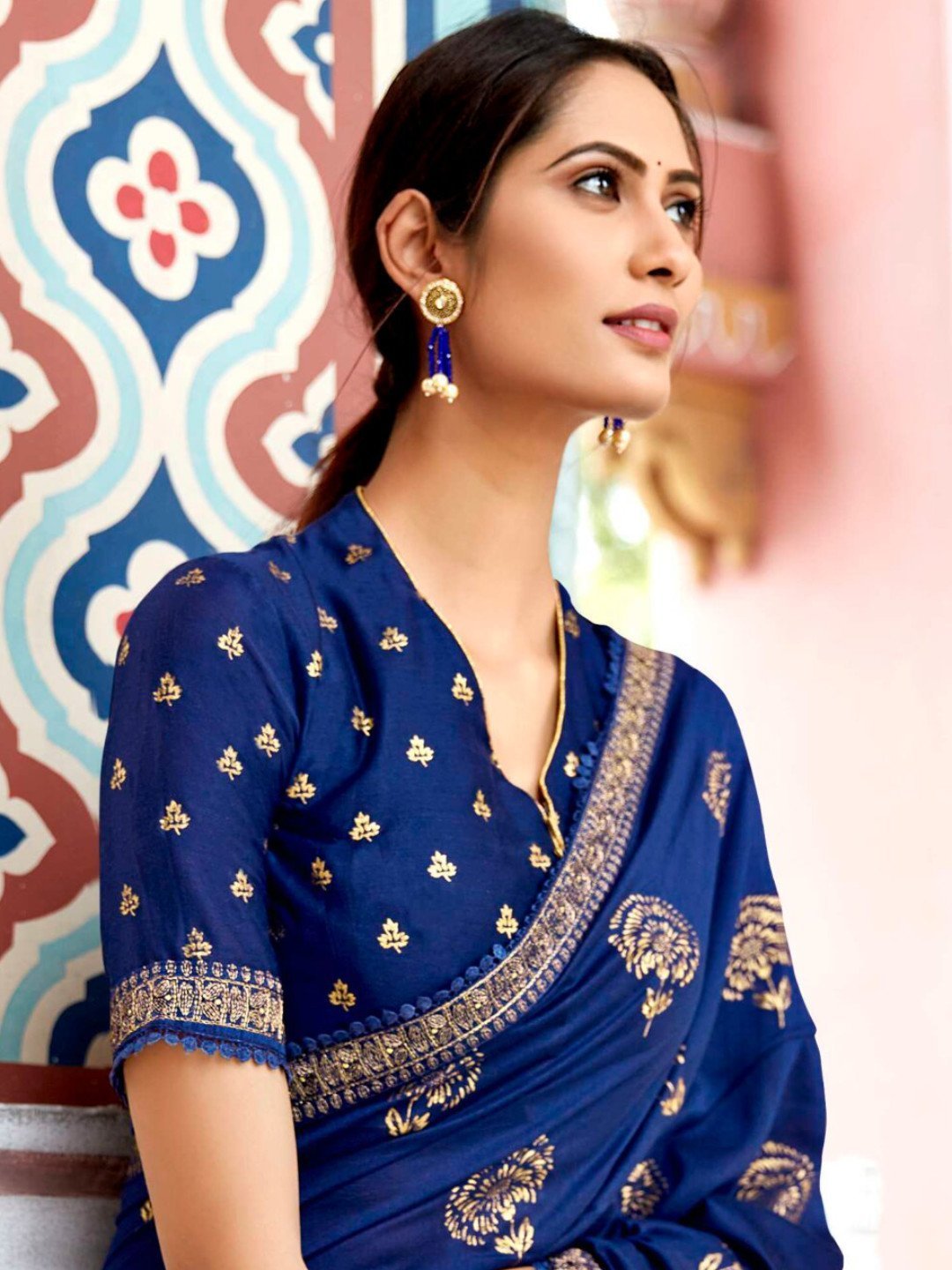 Zari Work With Embroidery Lace Dark Blue Cotton Silk Saree - Stilento